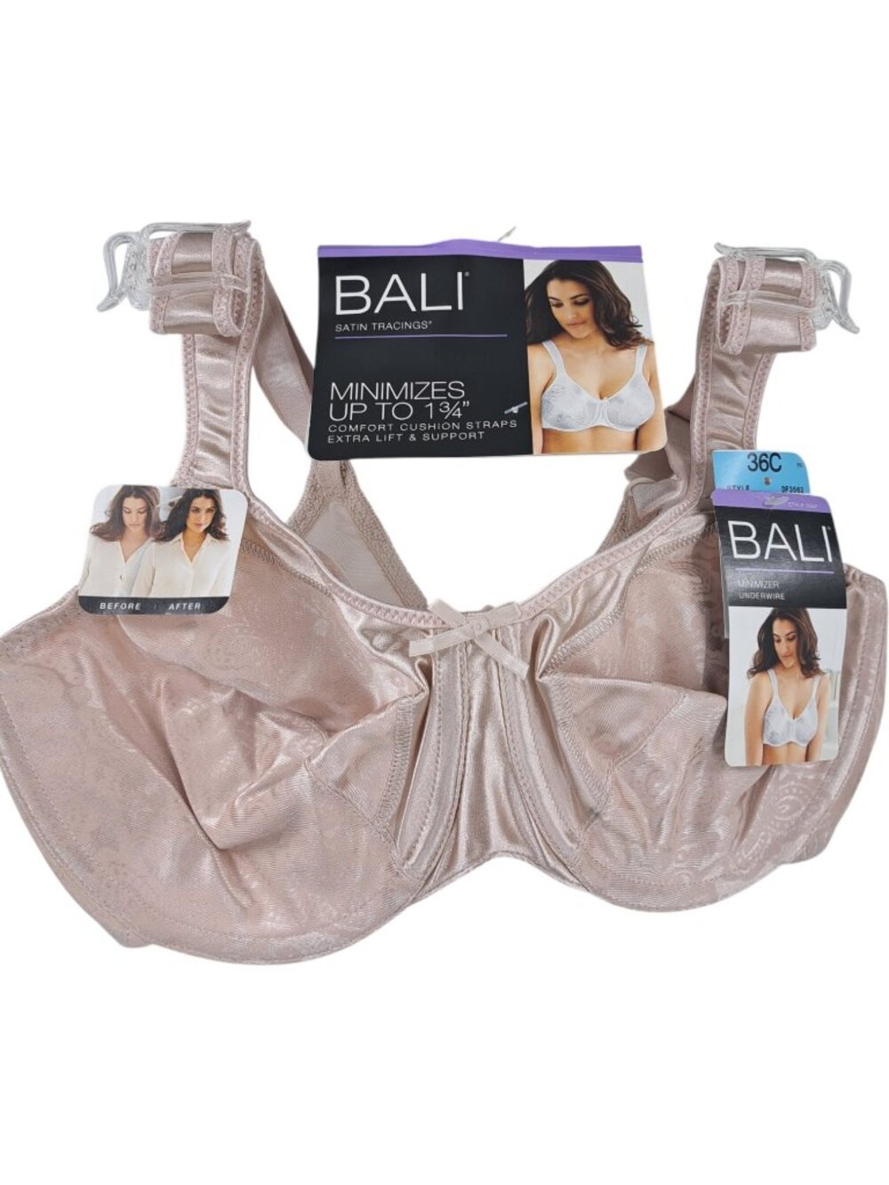 Bali Satin Tracings Minimizer Bra Size 36C New Underwire Adjustable Beige